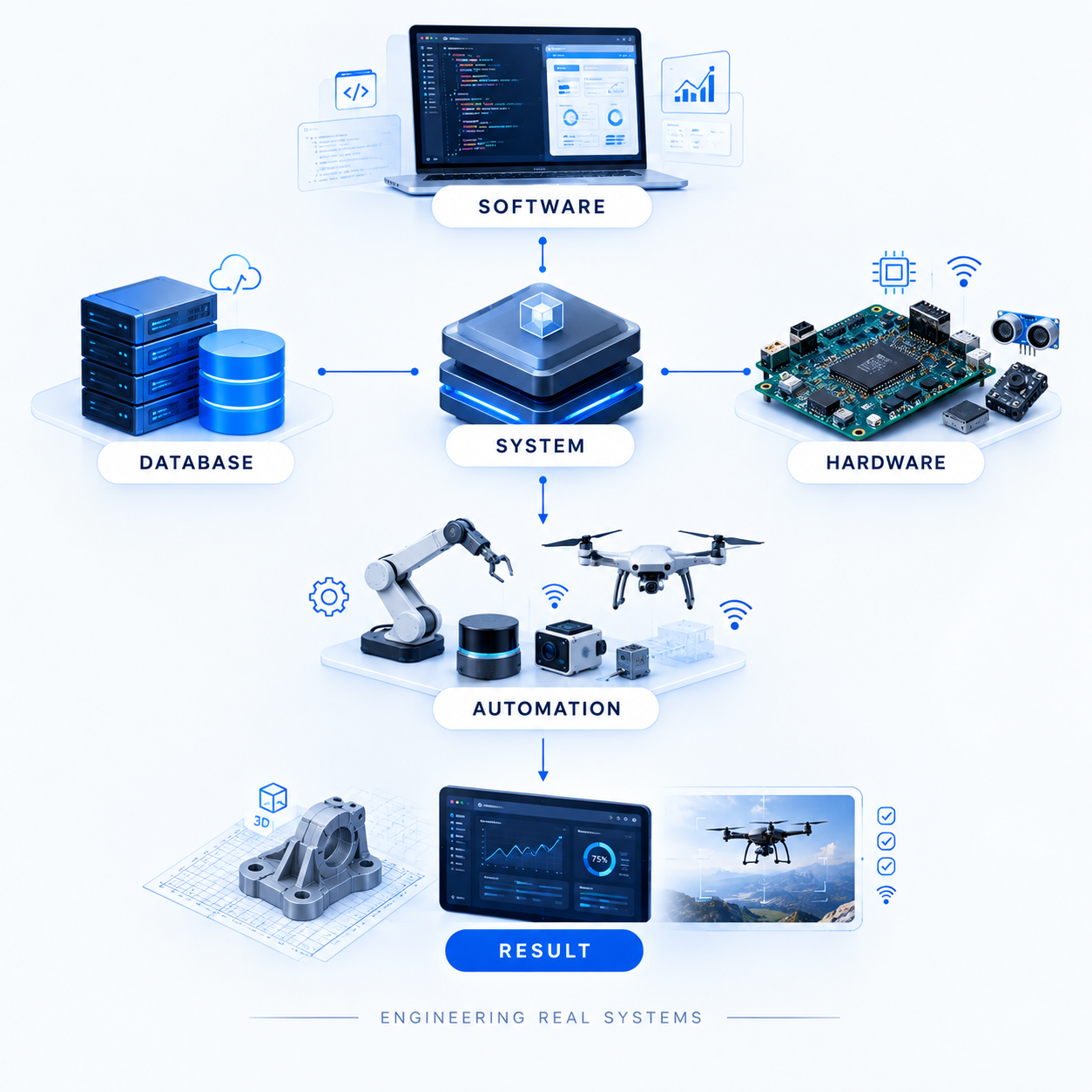 Arquitectura de una solución tecnológica con software, infraestructura, bases de datos y sistemas